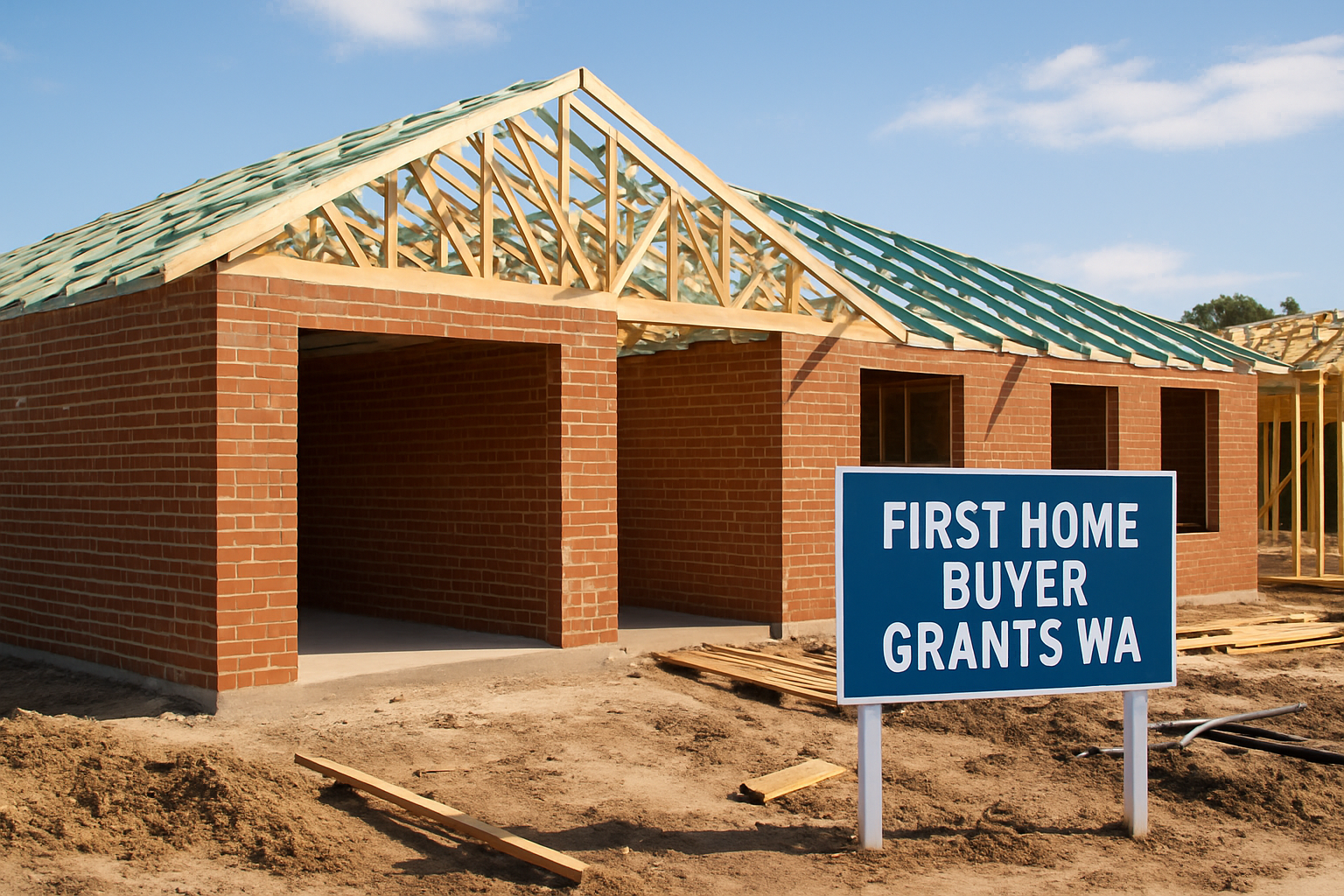 New home under construction in Western Australia, with 'first home buyer grants WA' visible on signage. Alt: New residential housing construction benefiting from first home buyer grants WA.