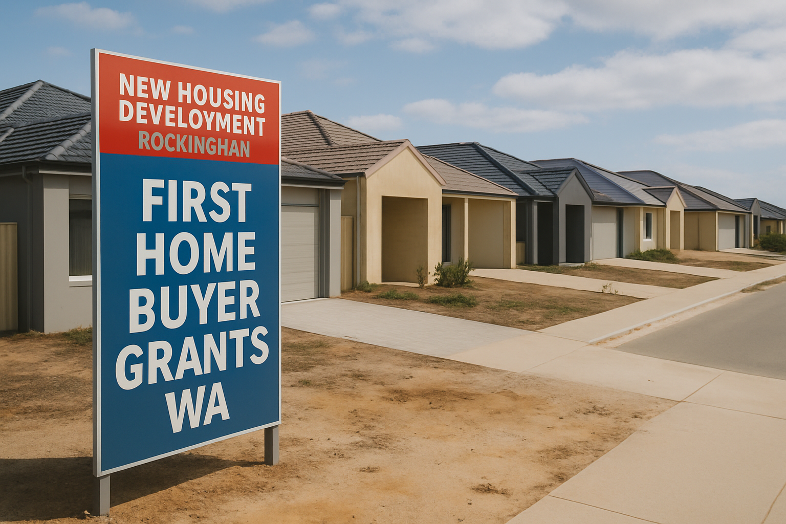 New housing development in Rockingham, WA with first home buyer grants WA signage visible. Alt: Residential development with first home buyer grants WA aiding new resident purchases.