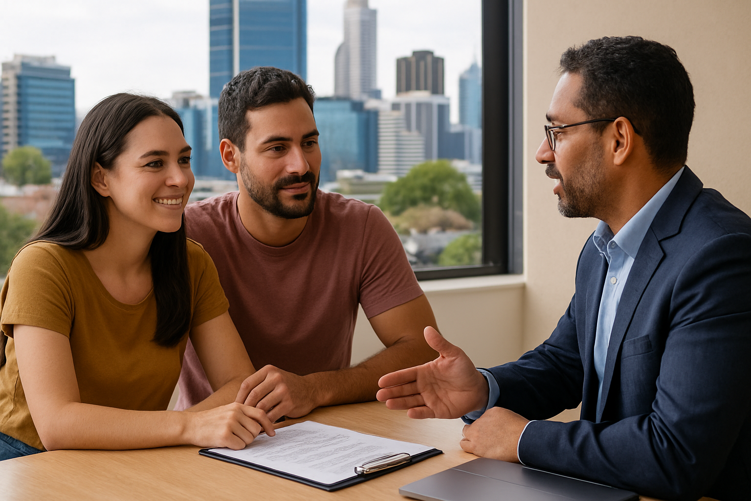 First home buyer couple discussing loan options with a mortgage broker in Perth, WA. Alt: First home buyer grants WA advice session with mortgage specialist.