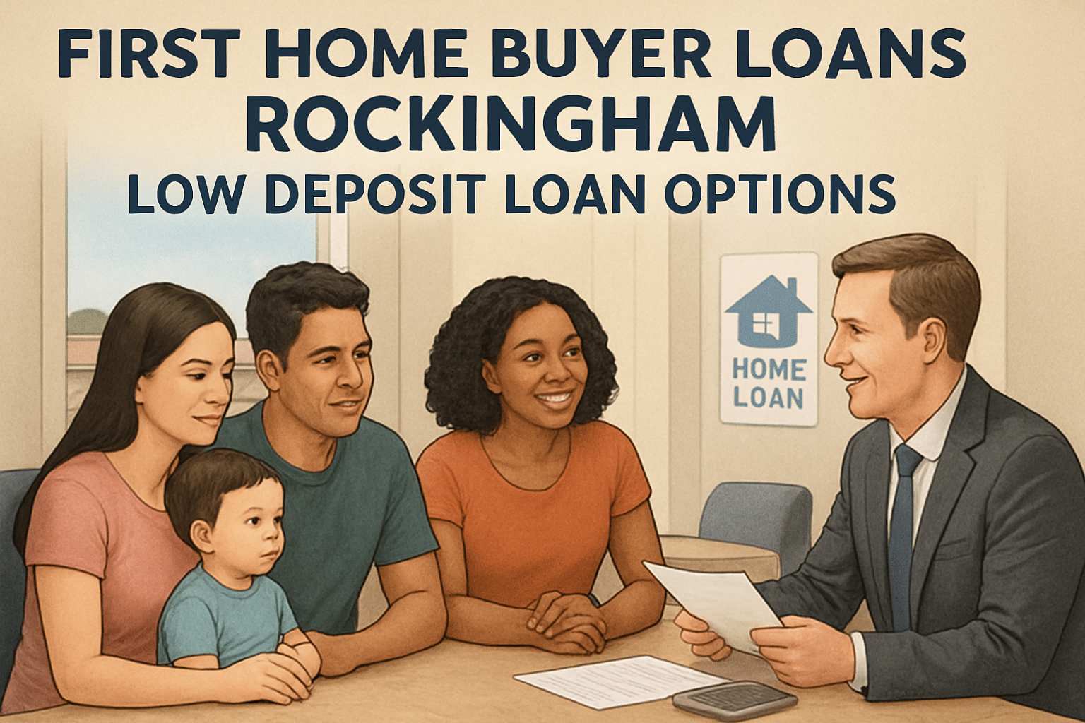 Illustration showing loan options with low deposit features, families choosing home loans in Rockingham, Western Australia. Alt: First home buyer loans Rockingham - low deposit loan options.