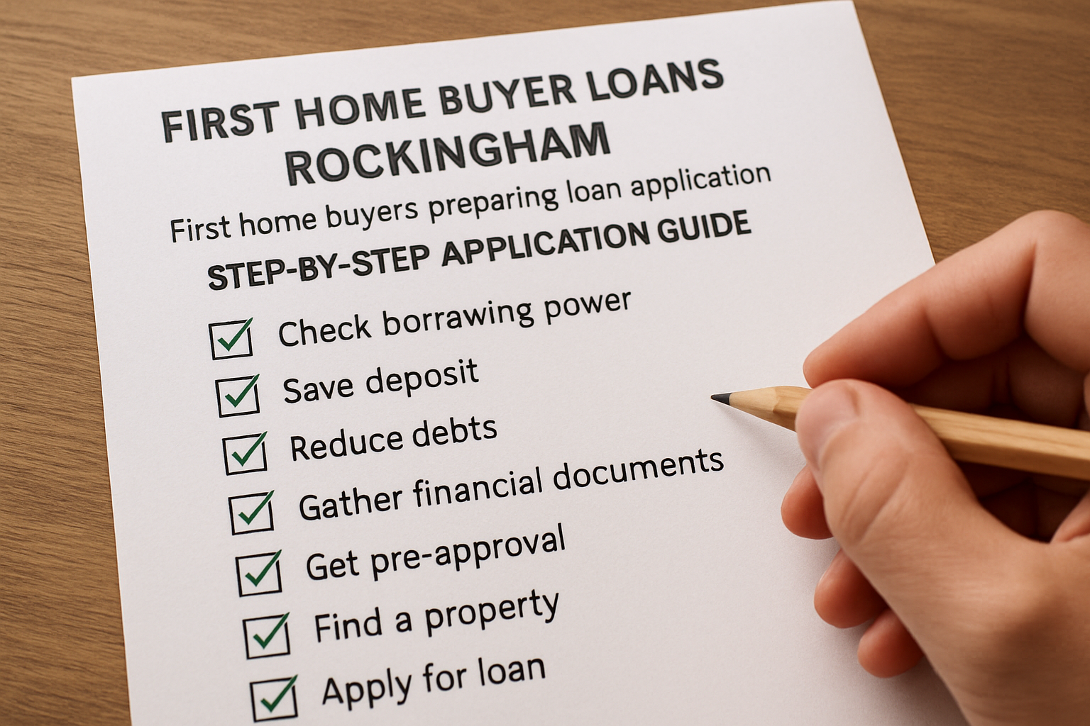 Checklist for first home buyers in Rockingham preparing loan application. Alt: First home buyer loans Rockingham - step by step application guide.