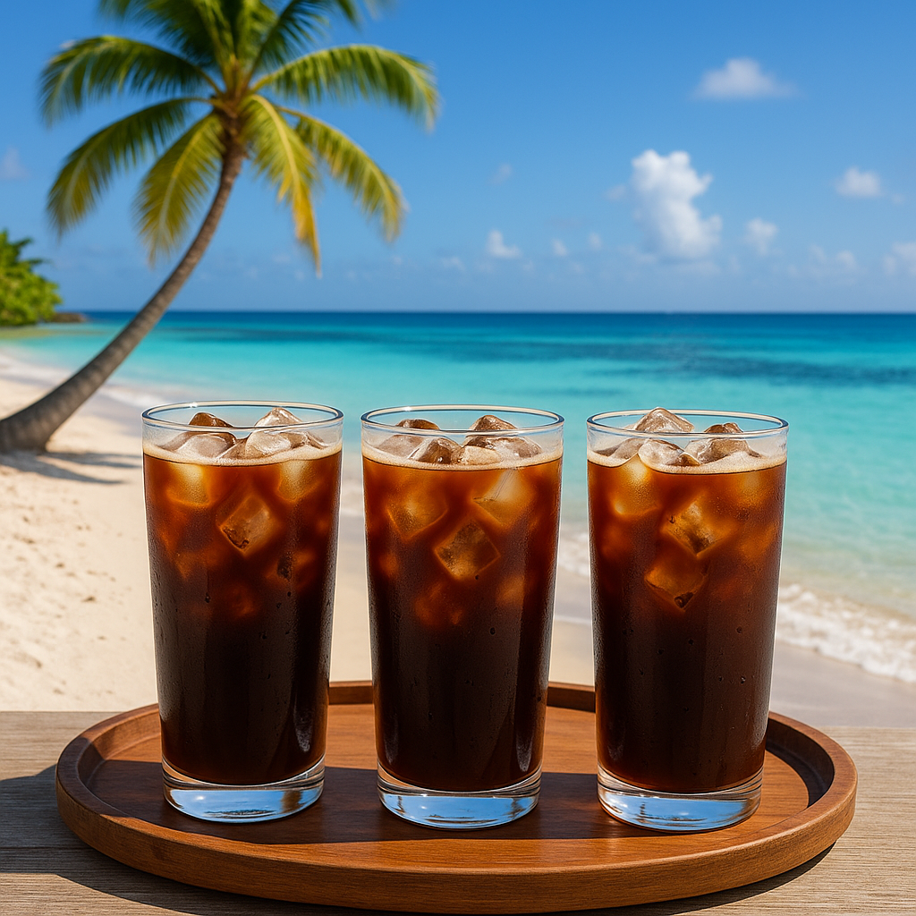 High-quality iced coffee glasses on a tray with vibrant Florida Keys beach background. Alt: Fresh iced coffee subscription drinks with Florida Keys inspiration.