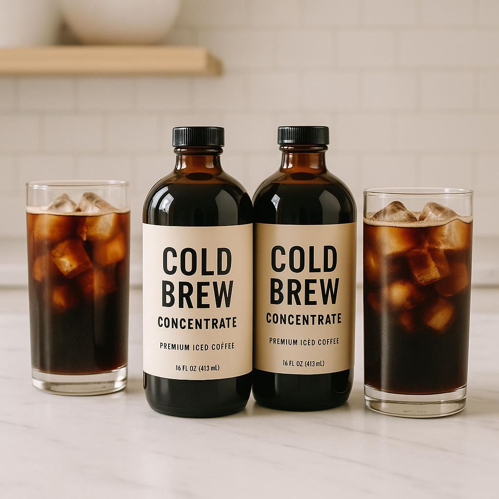 Elegant cold brew concentrate bottles with chilled iced coffee glasses on a clean kitchen counter. Alt: Premium iced coffee subscription concentrate bottles ready for home brewing.
