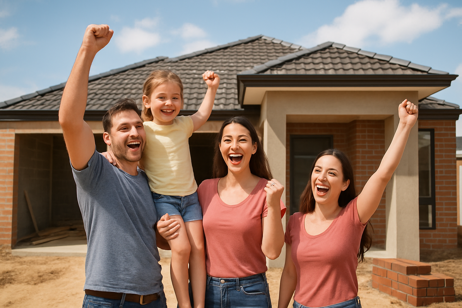 New home construction in Baldivis with a young family celebrating. Alt: Government home loan schemes WA helping first home buyers in Baldivis. 