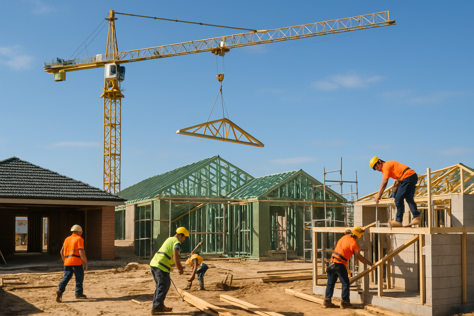 A construction site in Rockingham with a crane and workers actively building homes. Alt: Construction loans government home loan schemes WA supporting Rockingham home buyers.