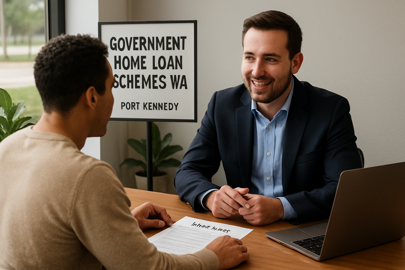 A home buyer consulting with a mortgage broker in Port Kennedy, WA. Alt: Government home loan schemes WA consultation in Port Kennedy by mortgage broker.