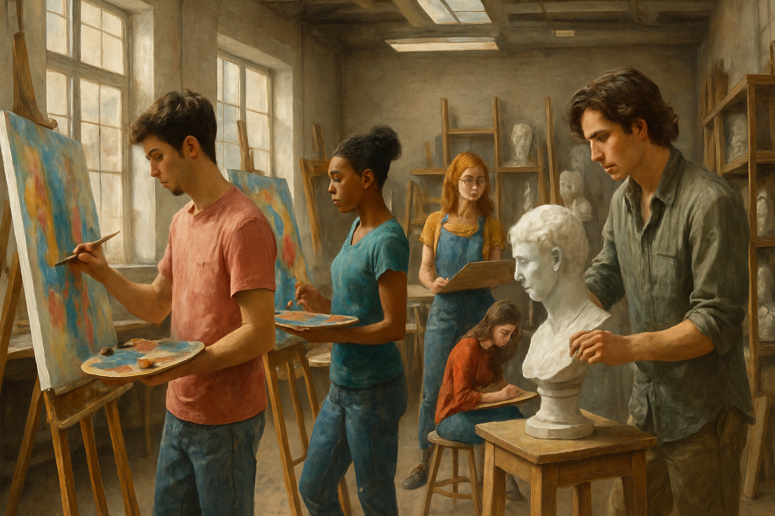 A vibrant college art studio with students engaged in painting and sculpture work. Alt: Students practicing techniques in a dynamic art studio minor class environment.