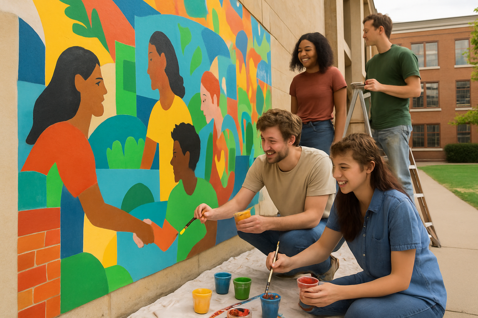 Students collaborating on a large-scale mural project on campus, symbolizing community engagement through an art studio minor. Alt: Collaborative mural painting experience as part of an art studio minor curriculum.