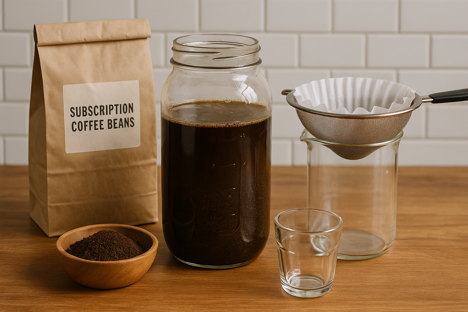 Brewing cold brew coffee in a large jar with coarse grounds and straining setup. Alt: Step-by-step home cold brew coffee preparation with subscription coffee beans.
