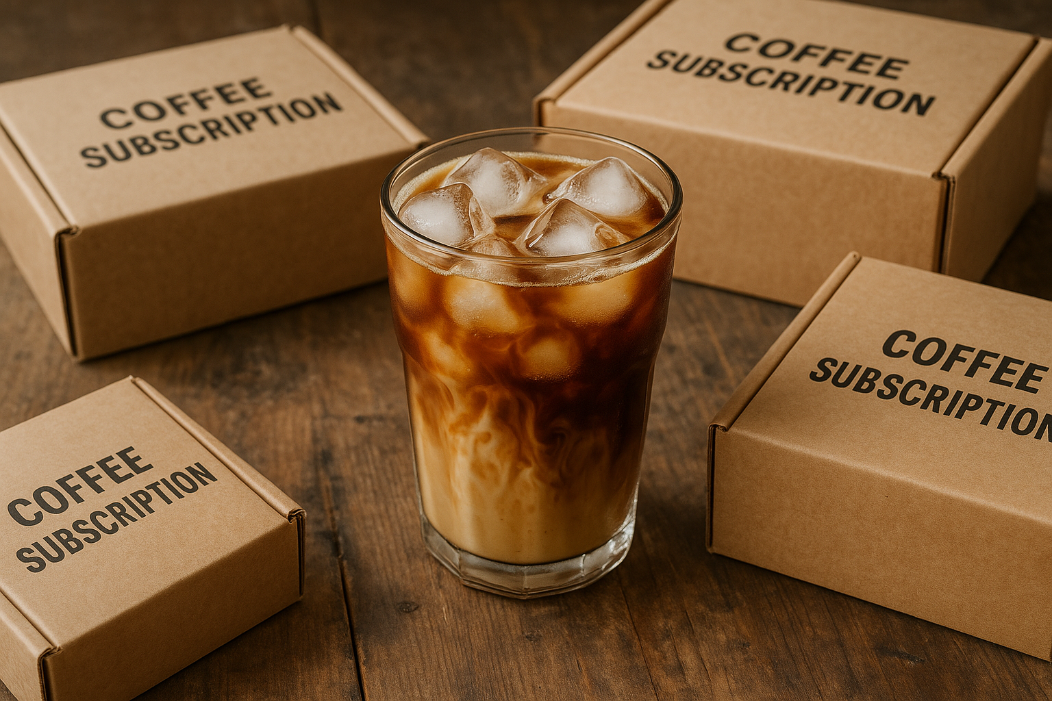 A chilled glass of cold brew with oat milk and syrup on a rustic table, surrounded by coffee subscription boxes. Alt: Enjoy customized cold brew coffee subscription delights at home with milk and flavorings.