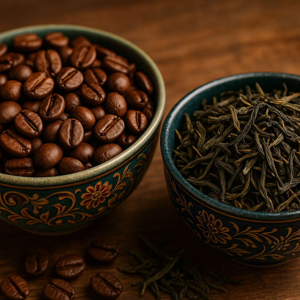 Close-up of fresh roasted coffee beans and hand-harvested loose leaf tea in decorative bowls, symbolizing premium coffee and tea subscription quality. Alt: Premium coffee and tea subscription fresh beans and leaves.