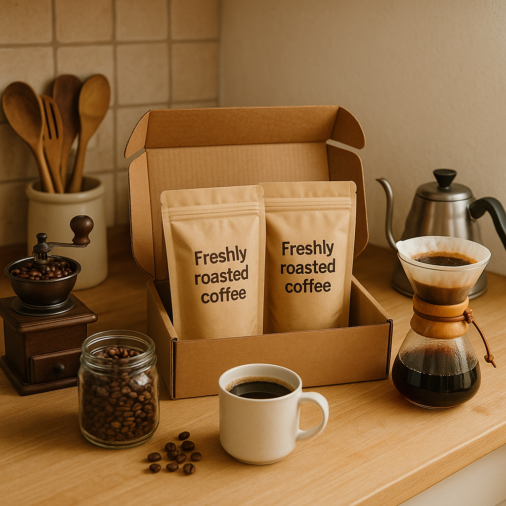A cozy kitchen setup with a coffee grinder, freshly roasted coffee bags, and brewing equipment, illustrating the perfect use of coffee bean subscription box deliveries. Alt: Fresh coffee bean subscription box delivering quality, fresh roasted beans for ultimate brewing.