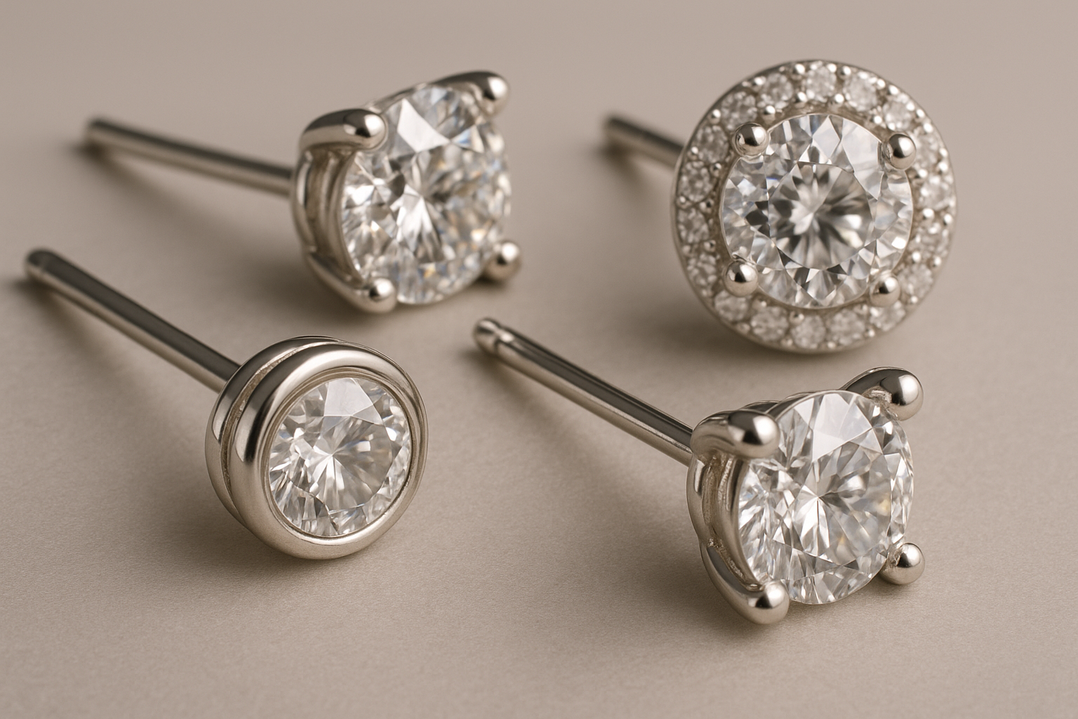 Close-up photo of various diamond earring settings highlighting prongs, bezels, and halos. Alt: Different diamond earring settings showcasing options.