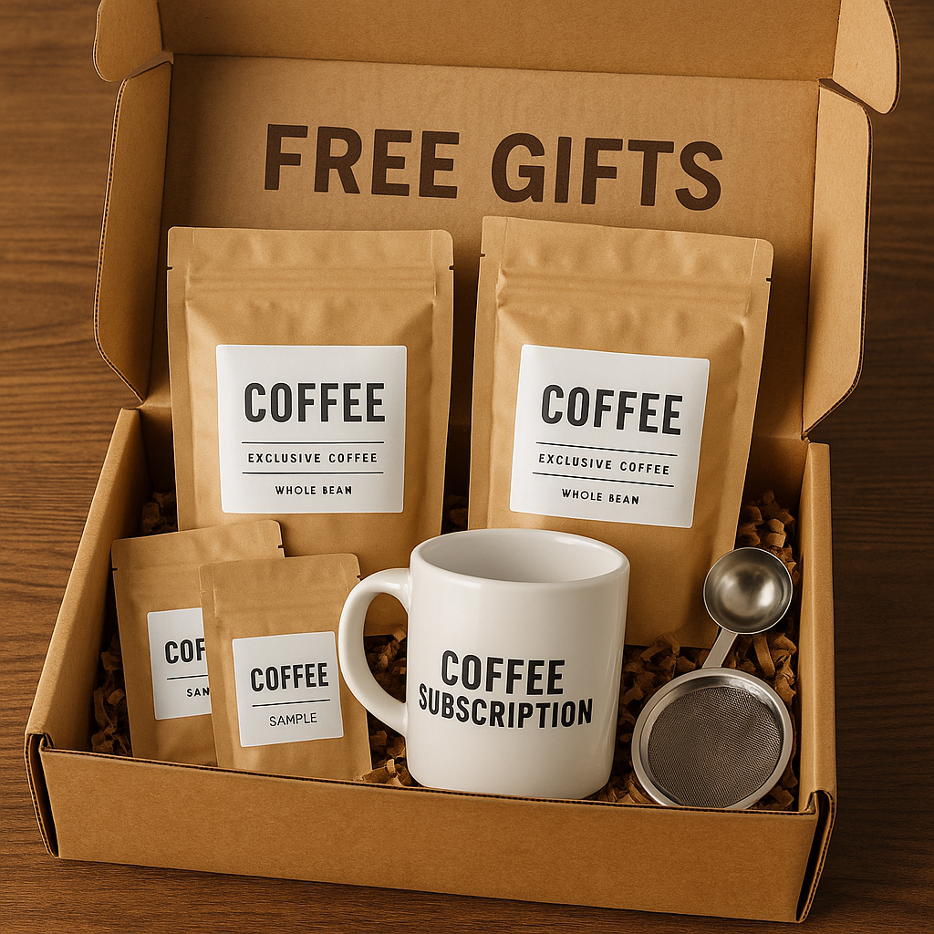 A close-up of a coffee subscription box with free gifts such as sample bags, a branded mug, and brewing accessories. Alt: coffee subscription free gift box with exclusive coffee beans and accessories.