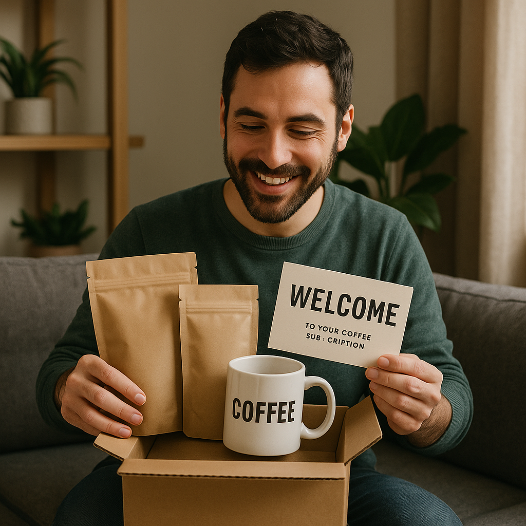 A coffee lover unboxing a monthly subscription box with gifts including coffee bags, a branded mug, and a welcome card. Alt: coffee subscription free gift unboxing experience.