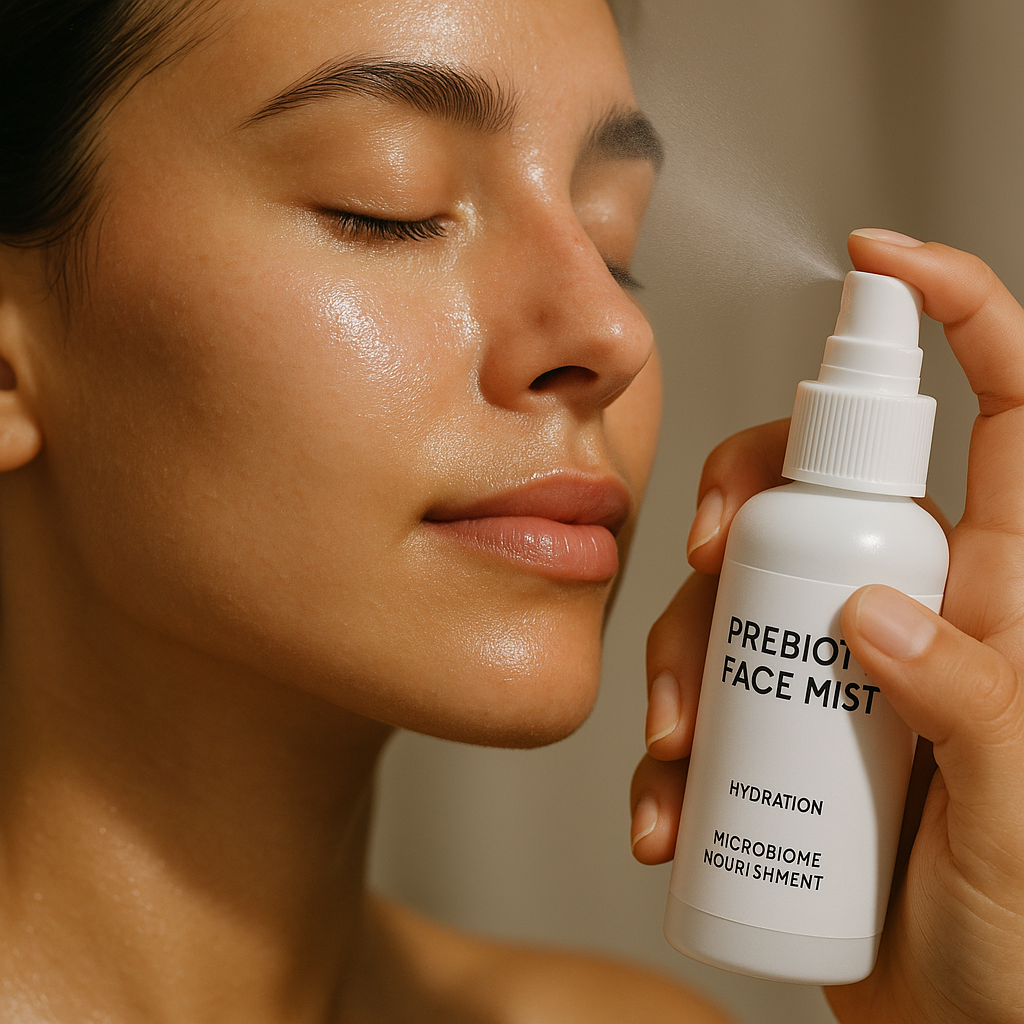 Close-up of a hand gently spraying prebiotic face mist on radiant skin, highlighting hydration and microbiome nourishment. Alt: Prebiotic face mist little-known benefits for hydration and skin health.
