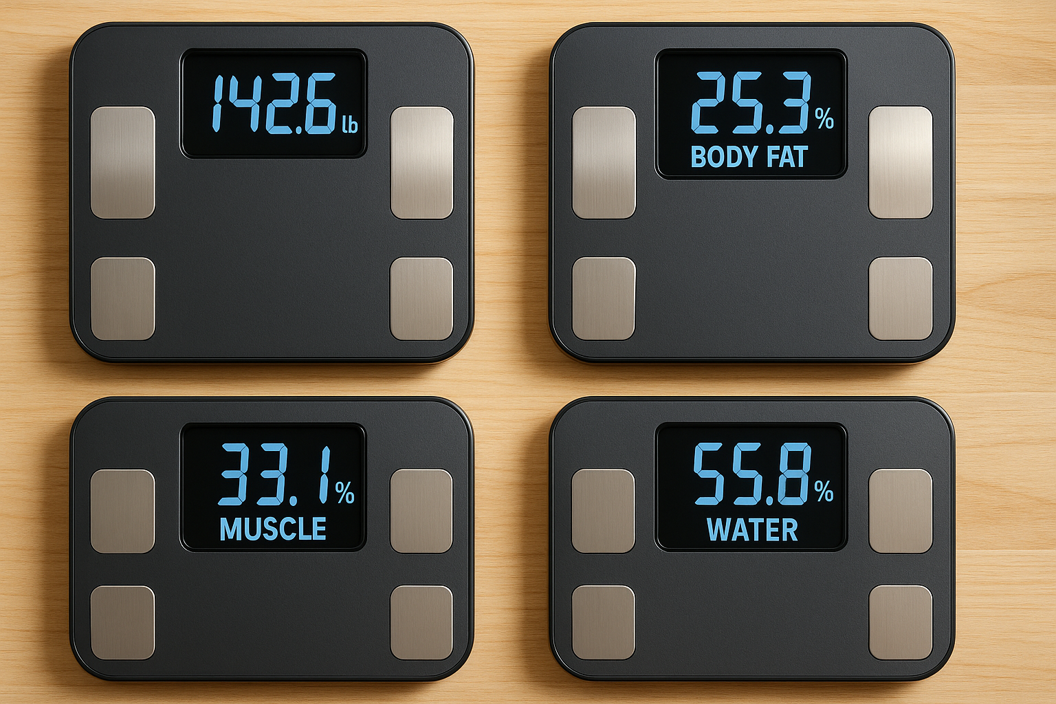 A vivid illustration of various digital bathroom scales displaying diverse body composition metrics. Alt: Digital bathroom scale body fat analysis metrics