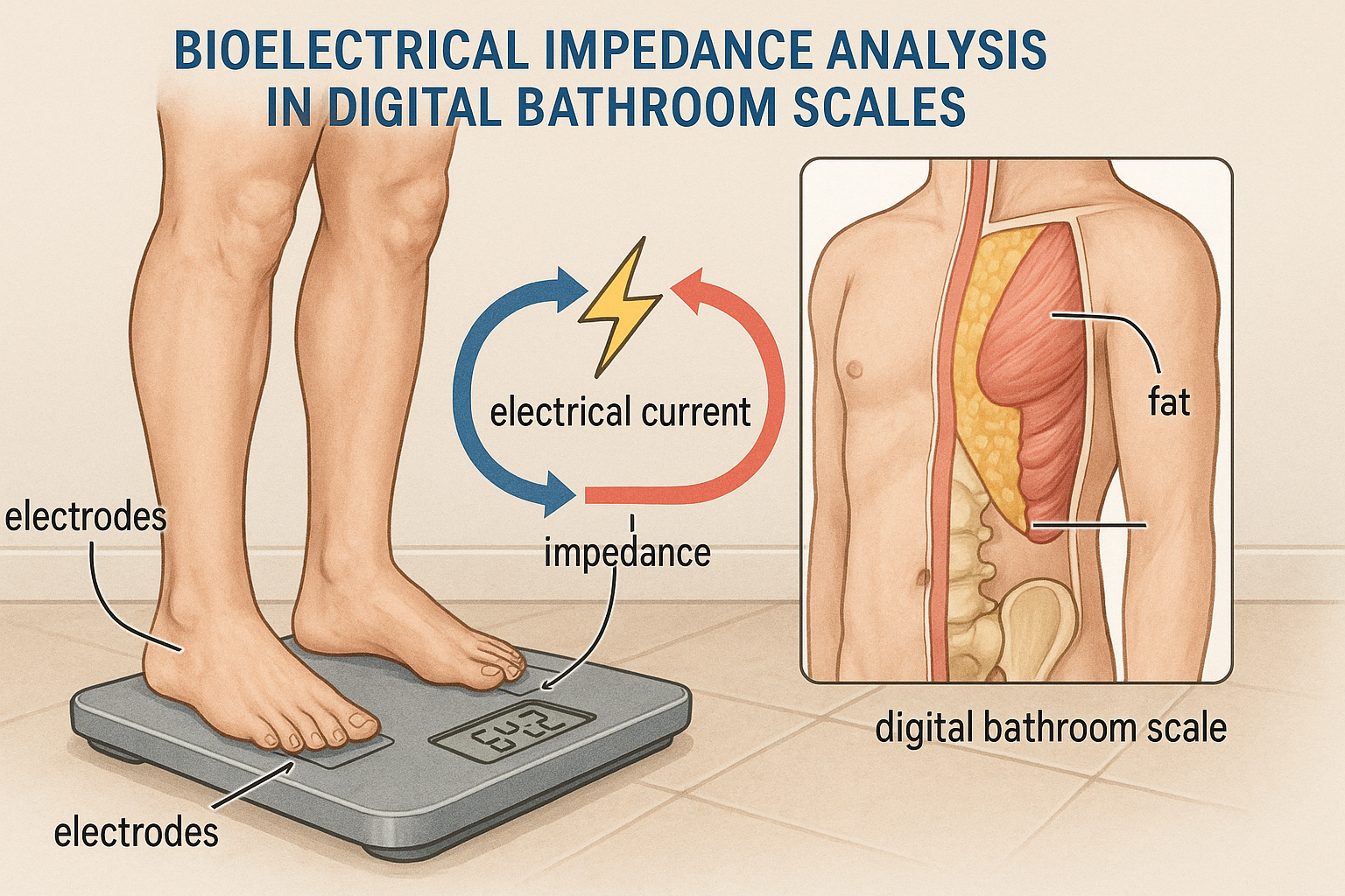 Diagram explaining the BIA technology used in digital bathroom scales. Alt: Bioelectrical Impedance Analysis in digital bathroom scales