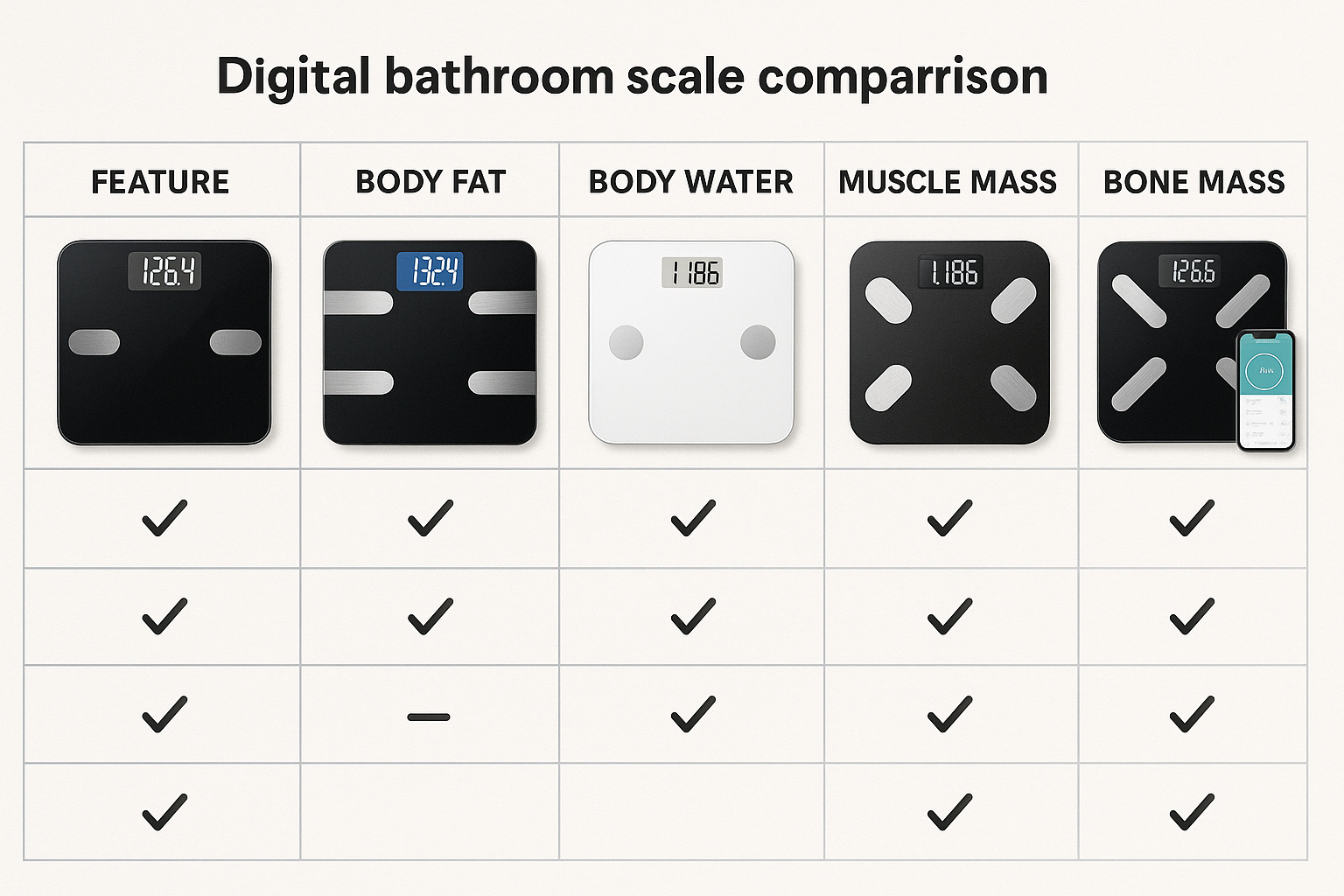 Comparison table of featured digital bathroom scales, highlighting key features and metrics. Alt: Digital bathroom scale comparison for body fat tracking