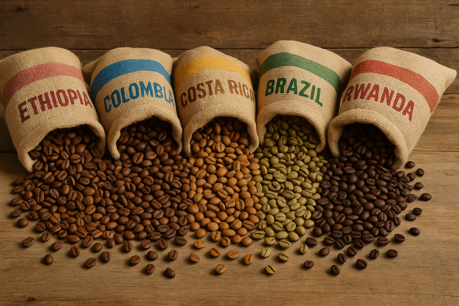 Different coffee beans pouring from bags representing a variety of coffee subscriptions. Alt: A colorful assortment of coffee beans from various global origins.