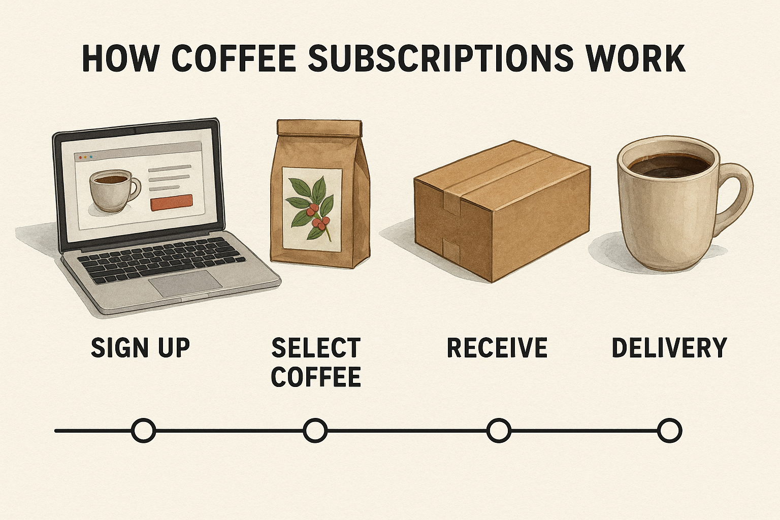 A timeline showing how coffee subscriptions work, from sign-up to delivery. Alt: Timeline of a typical coffee subscription process.