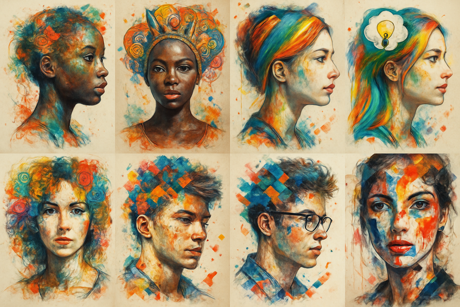 A colorful assortment of mixed media portrait artworks, highlighting creative ideas for art. Alt: Vibrant mixed media portrait showcasing creative ideas for art