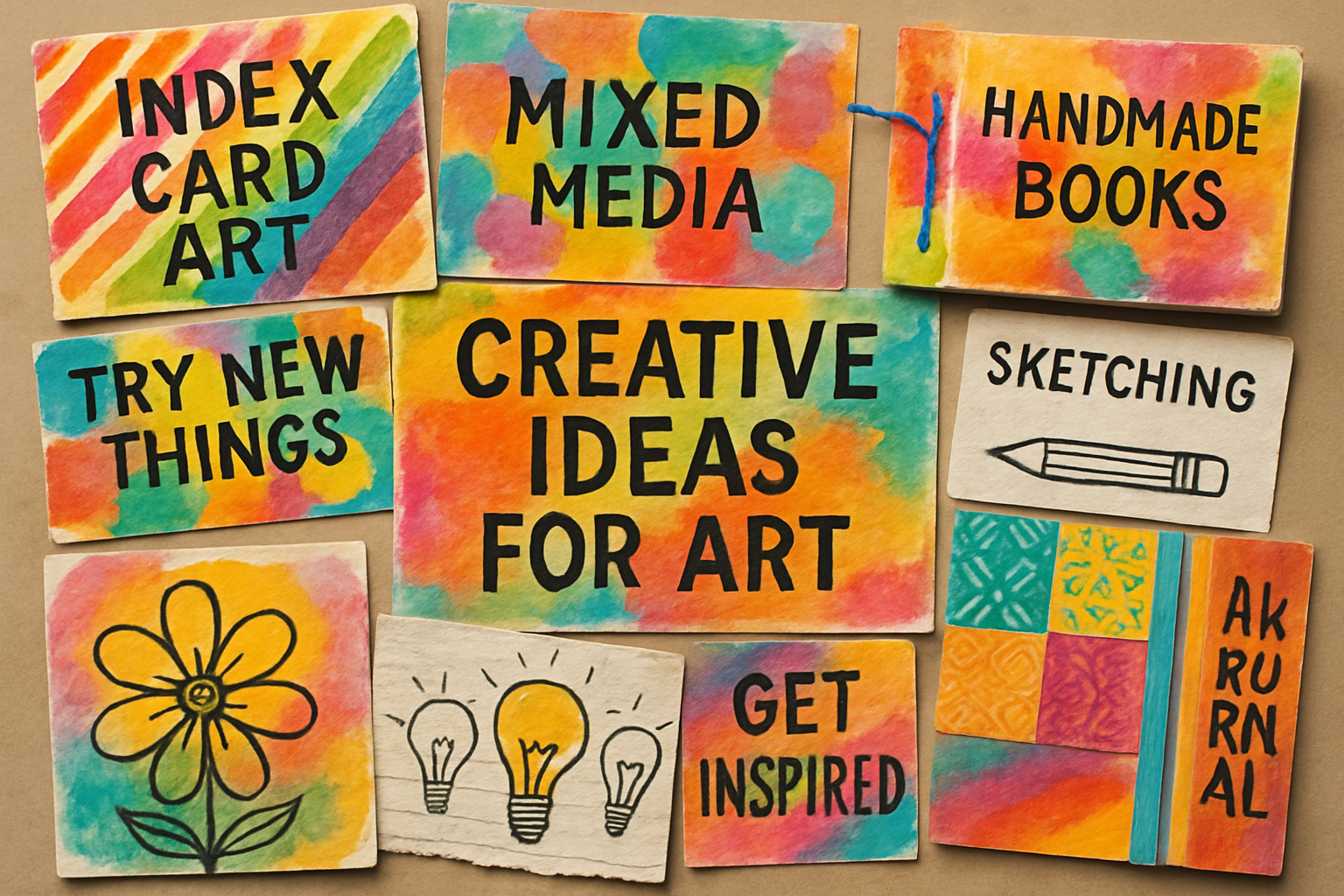 A vibrant collage featuring multiple different art projects including index cards, mixed media, and handmade books with the theme