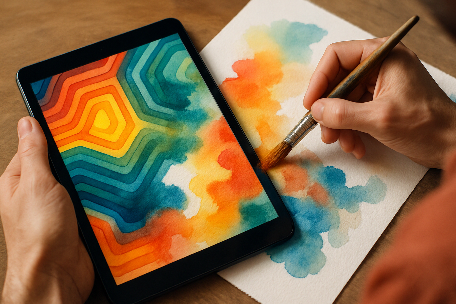 Close-up of an artist blending digital patterns on a tablet with traditional watercolor paper art. Alt: Creative ideas for art blending digital and traditional techniques
