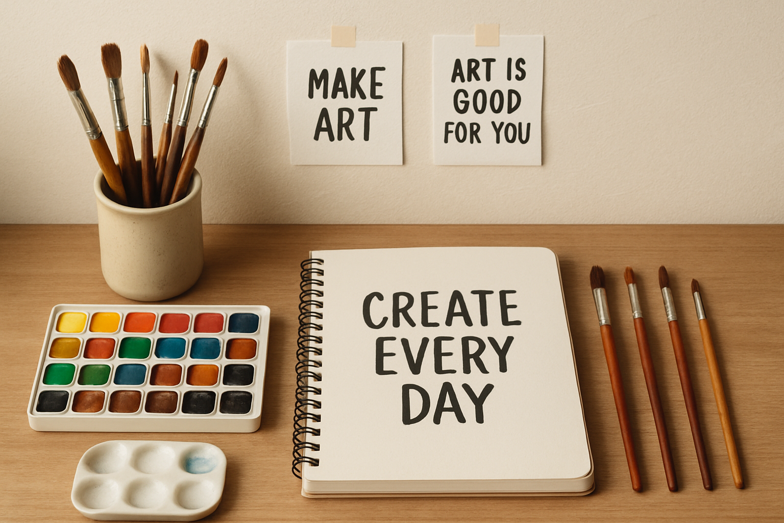 An organized artist's workspace featuring paintbrushes, watercolors, a sketchbook, and motivational art quotes. Alt: Creative ideas for art workspace inspiring daily creativity