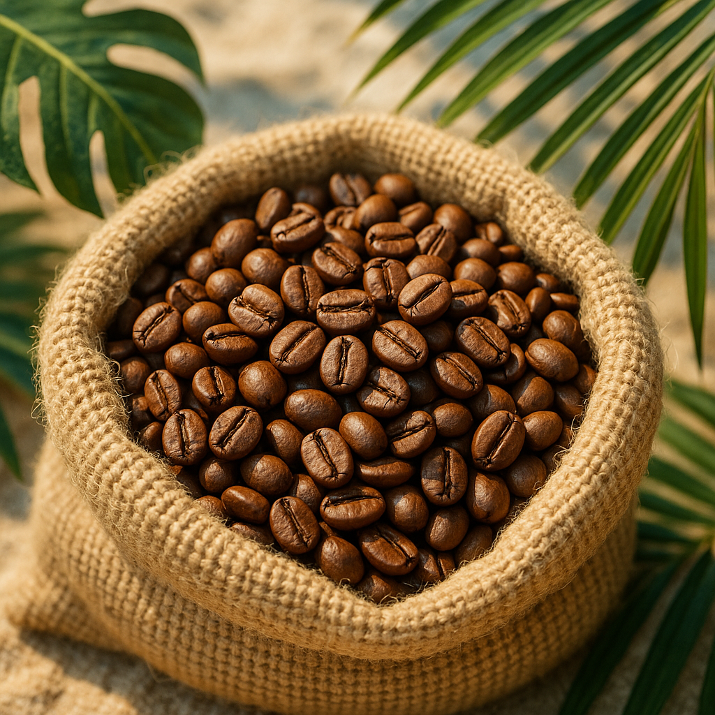 A close-up of fresh roasted beach vibe coffee beans in a burlap sack with tropical leaves nearby. Alt: Fresh roasted beach vibe coffee beans in burlap for tropical coffee flavor