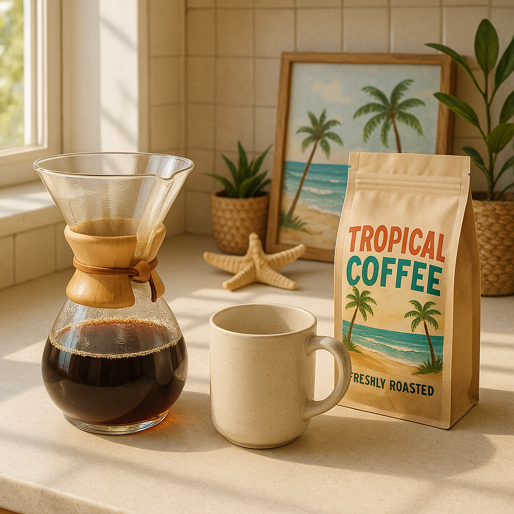 A sunlit kitchen counter with freshly brewed tropical coffee, a cozy mug, and beach-inspired décor. Alt: Brewing fresh roasted beach vibe coffee beans at home for tropical flavor.