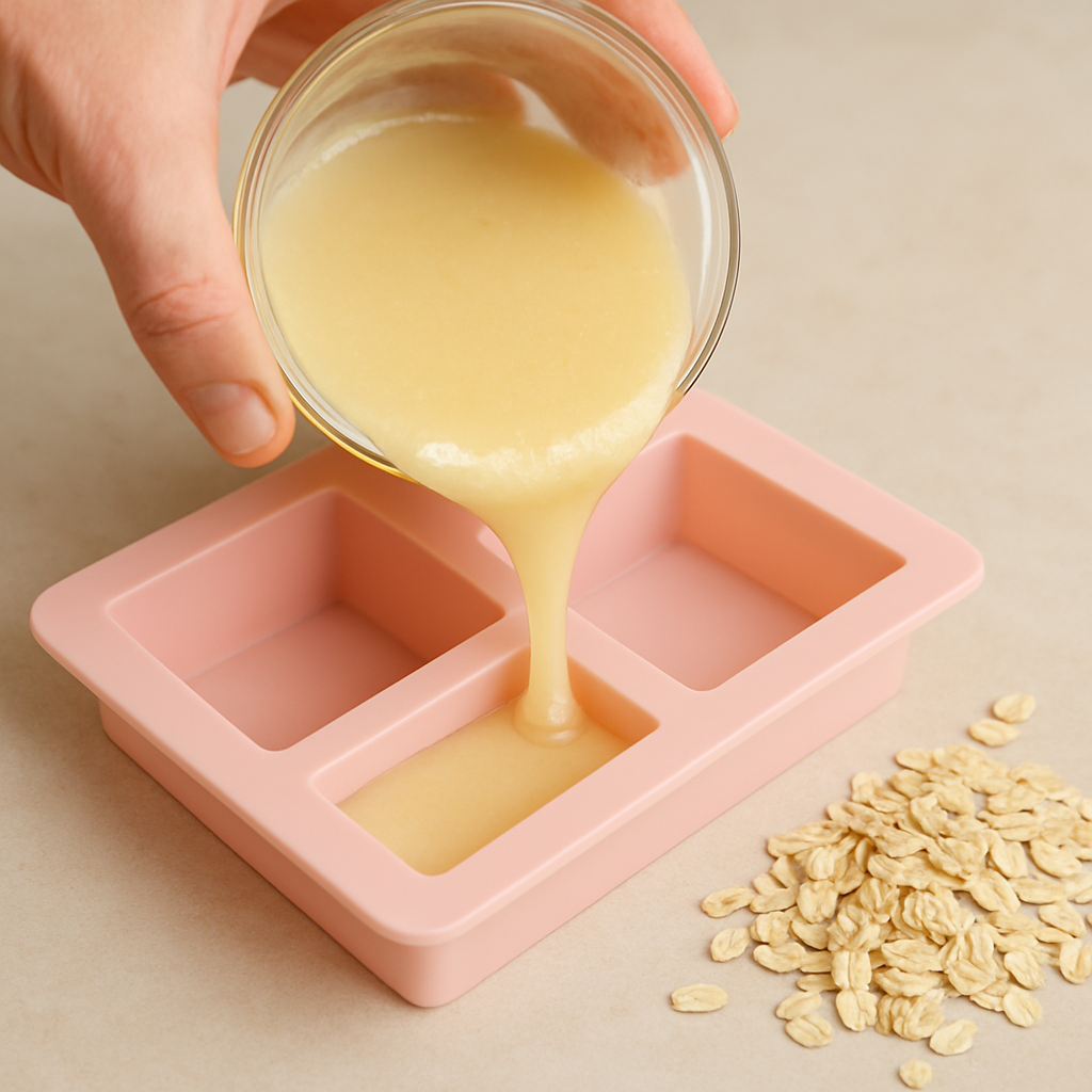 A close‑up of a hand pouring melted soap batter into a silicone mold, with oat flakes scattered nearby. Alt: DIY unscented soap recipe for sensitive skin showing melt‑and‑pour base and natural ingredients