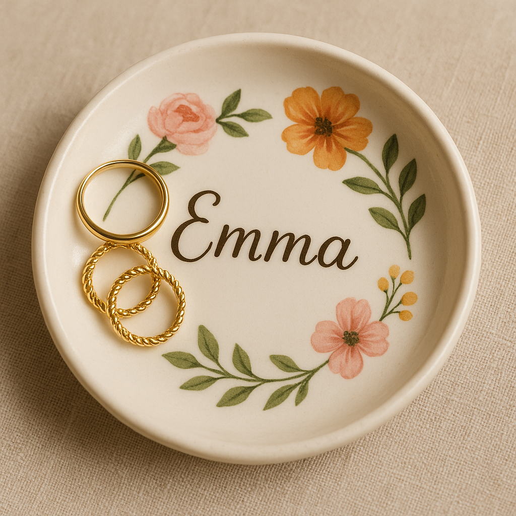 An elegant ceramic personalized name jewelry dish with hand-painted flowers. Alt: Personalized name jewelry dish gift handcrafted with sentimental floral design.