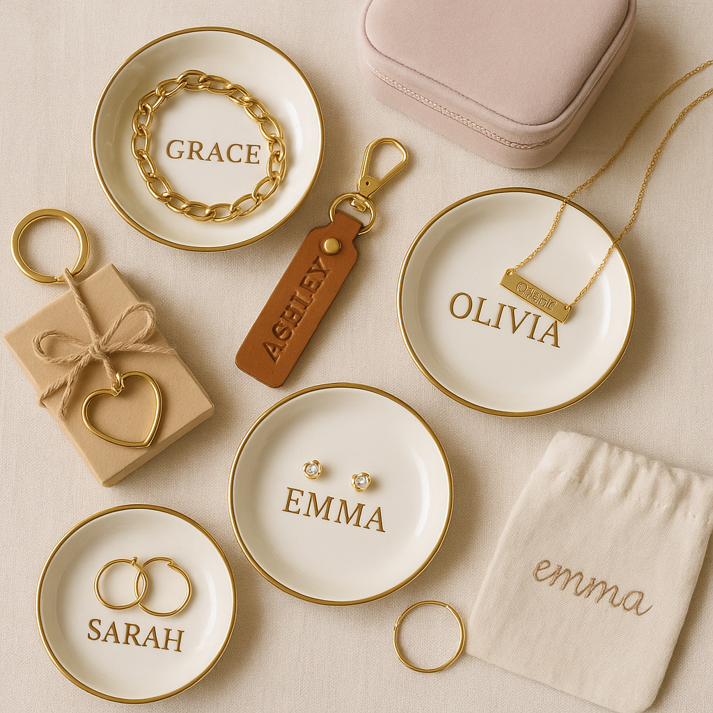 A collection of personalized gifts including jewelry dishes, necklaces, and accessories. Alt: Collection of personalized name jewelry dish gift with complementary keepsakes for gifting ideas.
