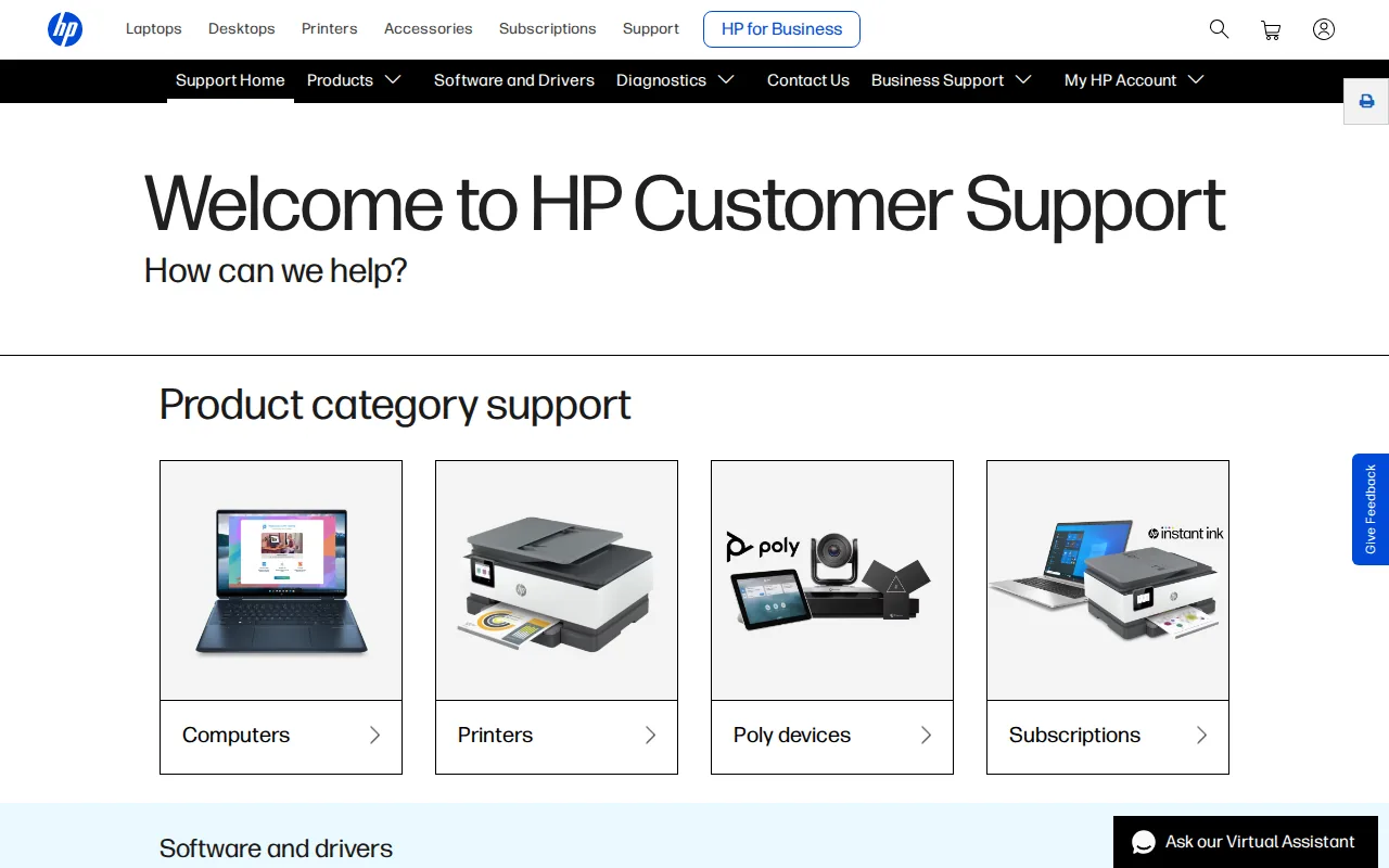Screenshot of the Customer Support website