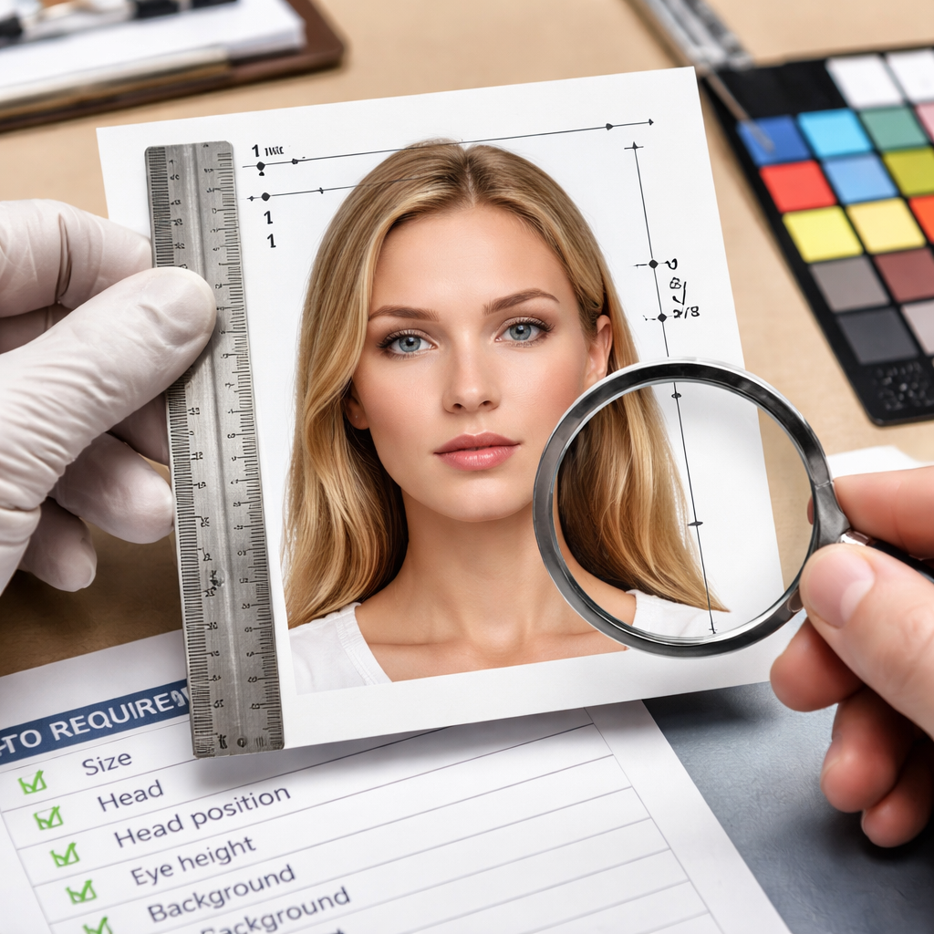 A photorealistic scene of a passport‑type photo being examined by a professional with a ruler and color chart, highlighting compliance details. Alt: Professional review of US visa photo