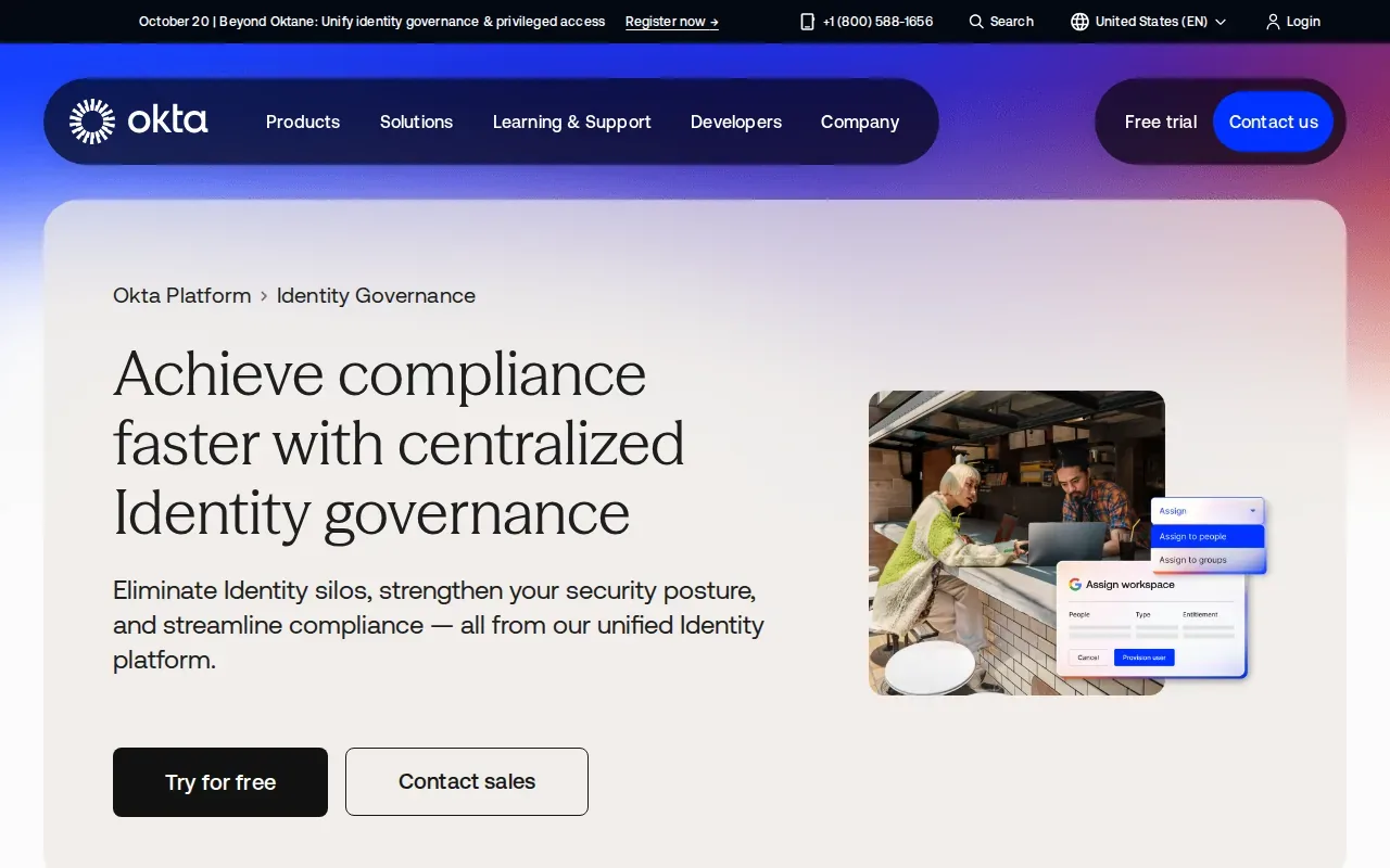 Screenshot of the Okta Identity Governance website
