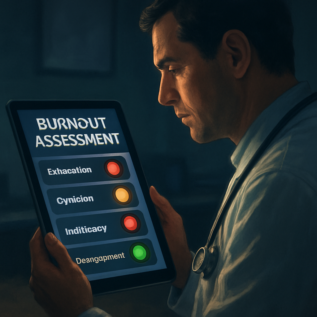 An AI‑generated illustration of a clinician reviewing a colorful burnout assessment dashboard on a tablet, with traffic‑light colored indicators for each burnout domain. Alt: burnout assessment tool dashboard with traffic light visualization