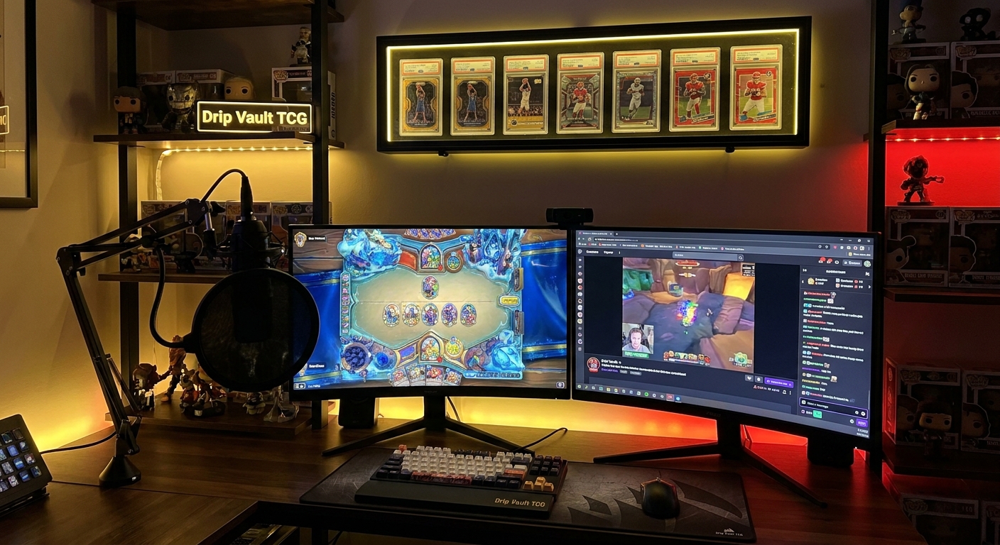 A realistic photo of a gaming desk setup with two large monitors, a microphone, and a UV frame mounted on the wall behind showing several graded sports cards. Alt: UV frame wall-mounted above a streamer desk.