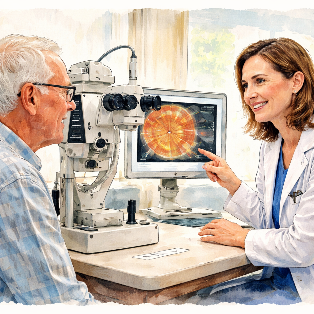 A senior patient in a Sydney eye clinic consulting with a retina specialist, showing a close-up of the eye exam equipment. Alt: Vabysmo and Eylea overview for macular degeneration patients.