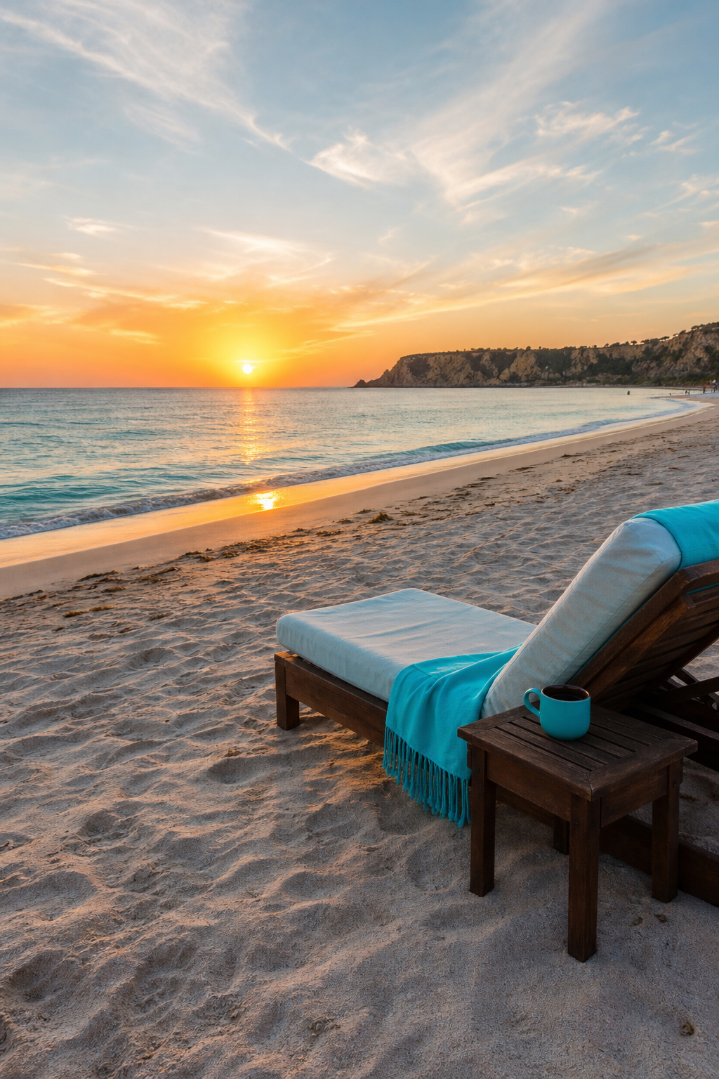 A serene beach at sunset with very few people, showing a peaceful off-season vacation scene. Alt: Off-season beach vacation on a budget with fewer crowds