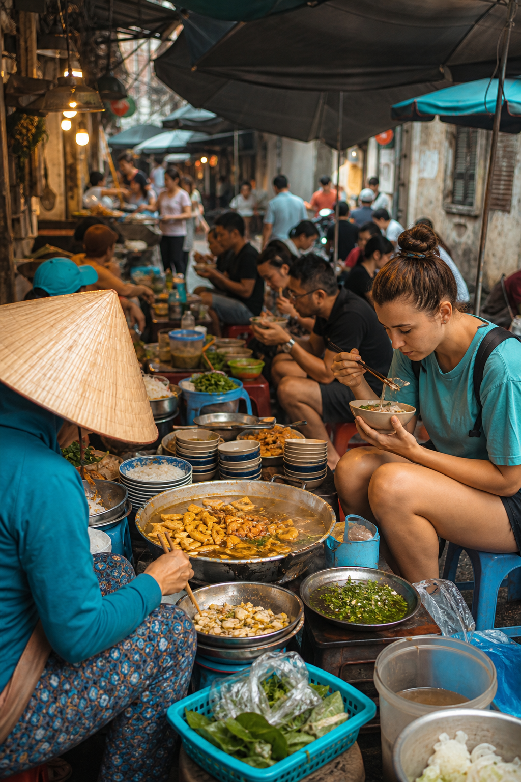A bustling street food market in Vietnam with colorful stalls and locals eating. Alt: Budget travel in Vietnam street food scene