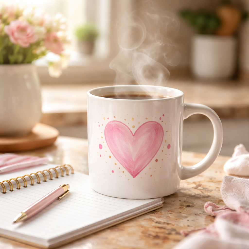 A photorealistic scene of a cozy kitchen countertop with a steaming Valentine coffee mug featuring a hand‑drawn heart and subtle pastel accents, surrounded by a notebook, a pen, and a soft‑focused background of a bright morning light. Alt: Valentine coffee mug print on demand design inspiration for moms, dads, teachers, and nurses.
