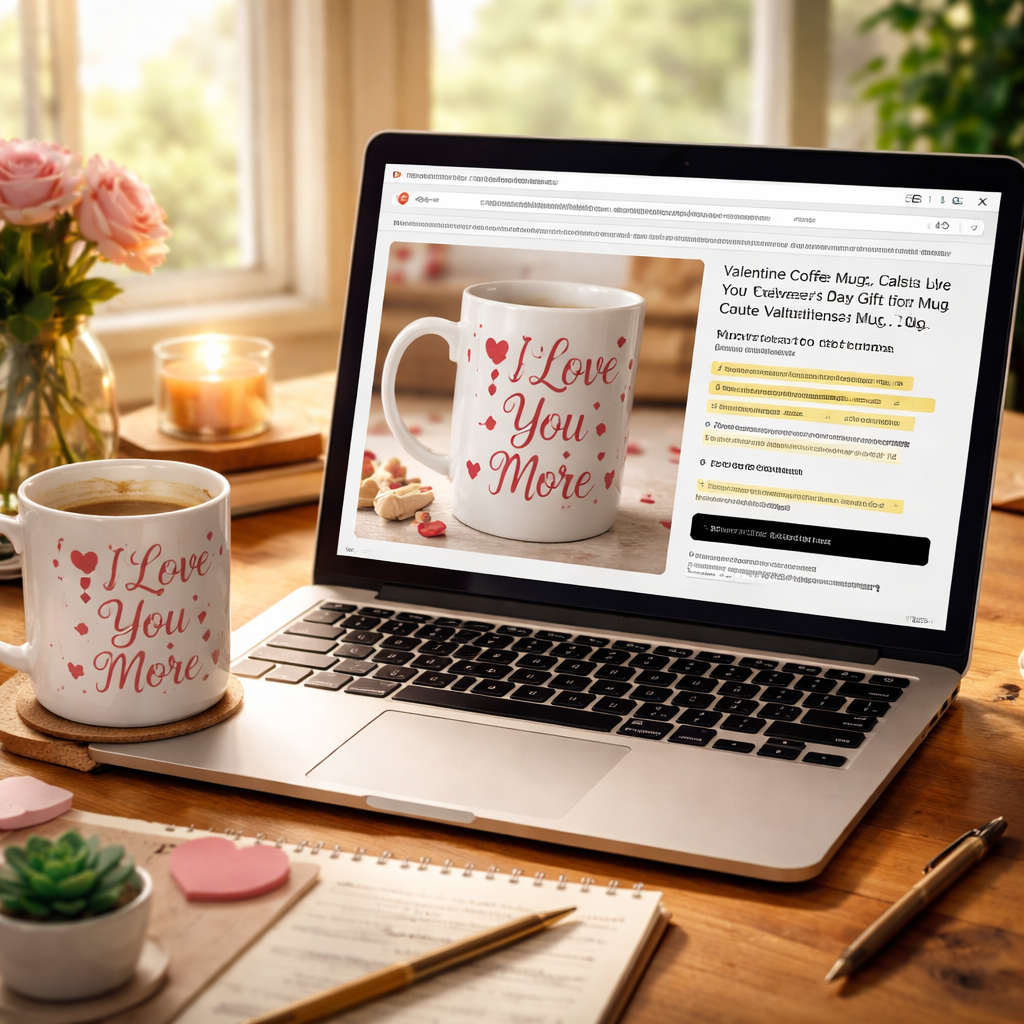 A photorealistic scene of a home office desk with a laptop open to an Etsy product listing for a Valentine coffee mug, a steaming mug beside the keyboard, soft natural light from a nearby window, realistic details highlighting the mug design and SEO keyword highlights on the screen. Alt: Valentine coffee mug print on demand listing with SEO elements.