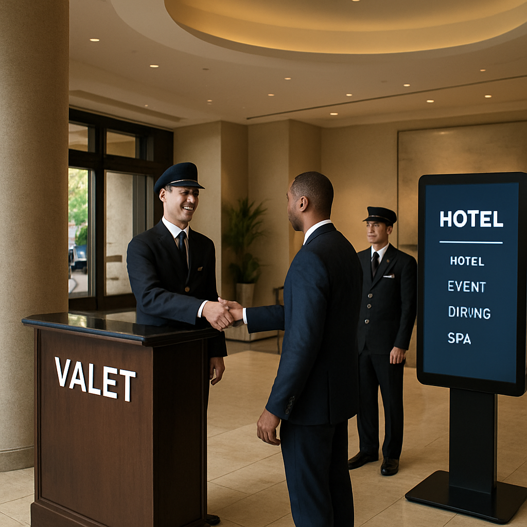 A photorealistic image of a Houston hotel lobby with a valet podium, attendants in uniform greeting guests, and a sleek digital ticket display. Alt: Houston hotel valet service in action