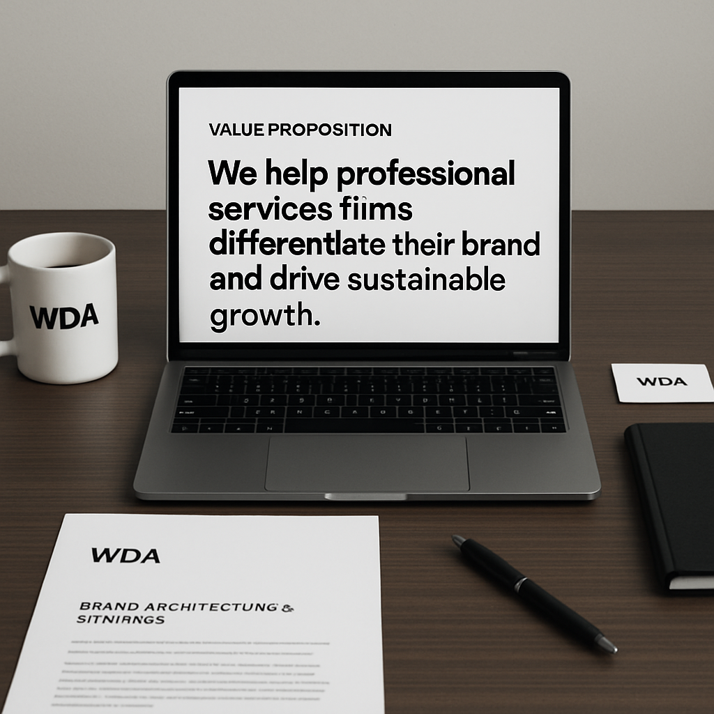 A sleek, modern office desk with a laptop displaying a value proposition statement, surrounded by branded stationery and a coffee mug. Alt: Professional services value proposition visual guide