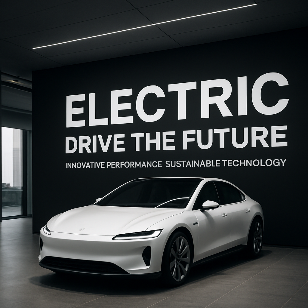 A sleek electric car showroom with bold branding signage. Alt: automotive value proposition example