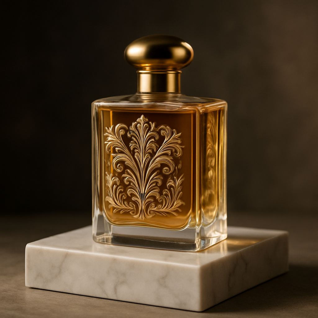 A luxurious perfume bottle displayed on a marble pedestal, soft lighting highlighting the intricate engraving. Alt: Luxury perfume value proposition example showcasing timeless craftsmanship.