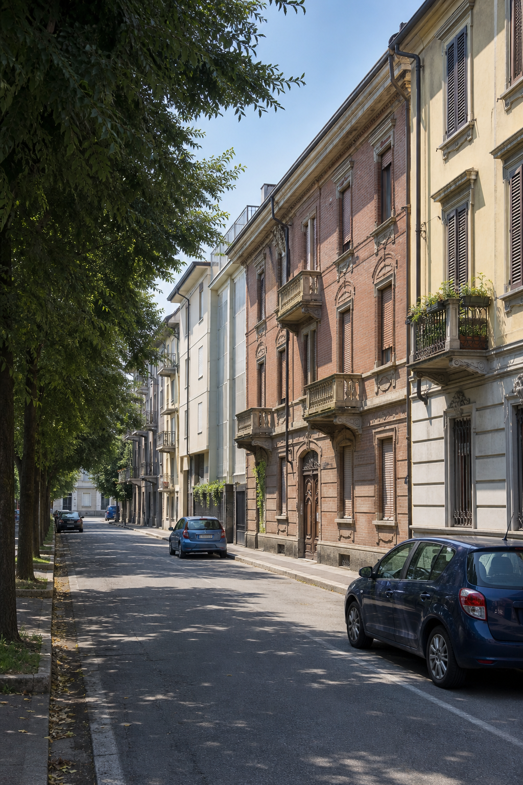 Una fotografia realistica di una via residenziale di Alessandria con palazzi di epoche diverse, alberi e qualche macchina parcheggiata. Alt: Strada residenziale ad Alessandria con immobili tipici.