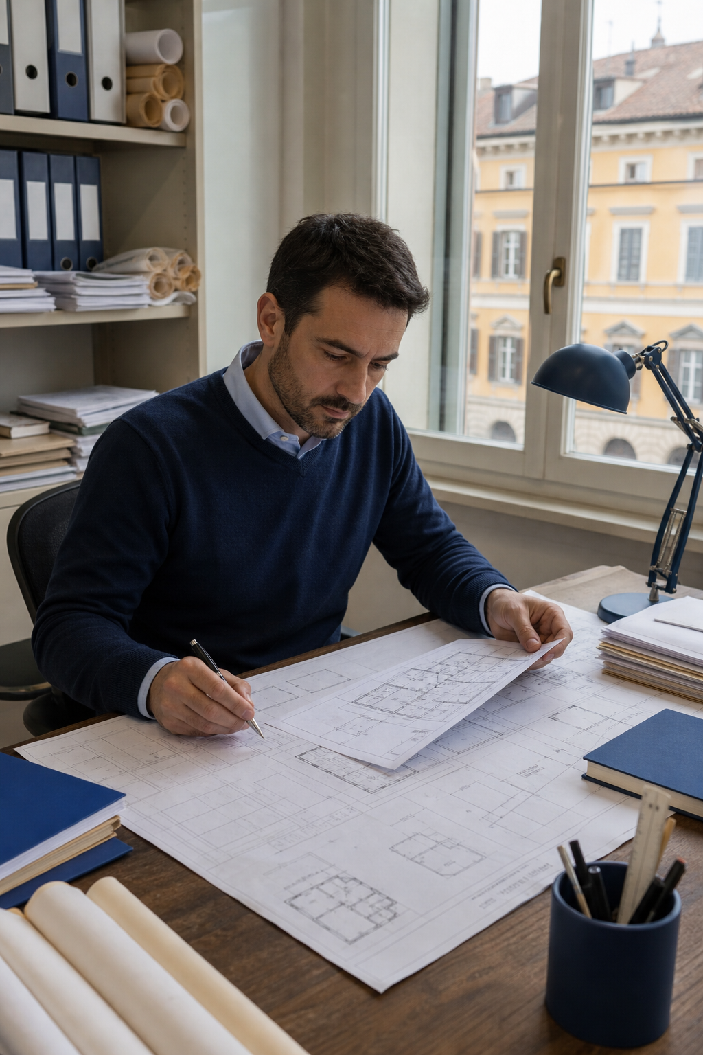 Un tecnico geometra che esamina planimetrie catastali e documenti su una scrivania, stile realistico. Alt: Geometra al lavoro con documenti catastali
